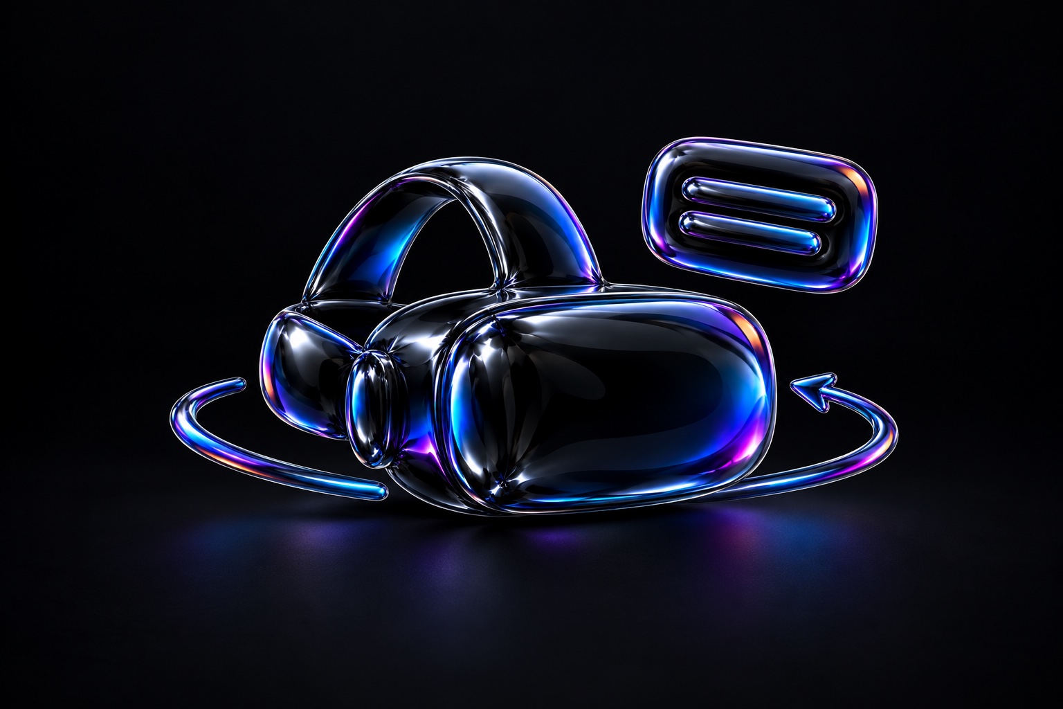 A VR headset, floating two-line caption plaque and curved orbit arrows sculpted in glossy black balloon foil with blue and violet reflections.