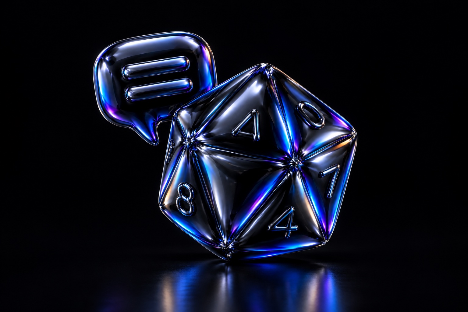 A faceted gaming die and a speech balloon with two caption bars, sculpted in glossy black balloon foil with blue and violet reflections.