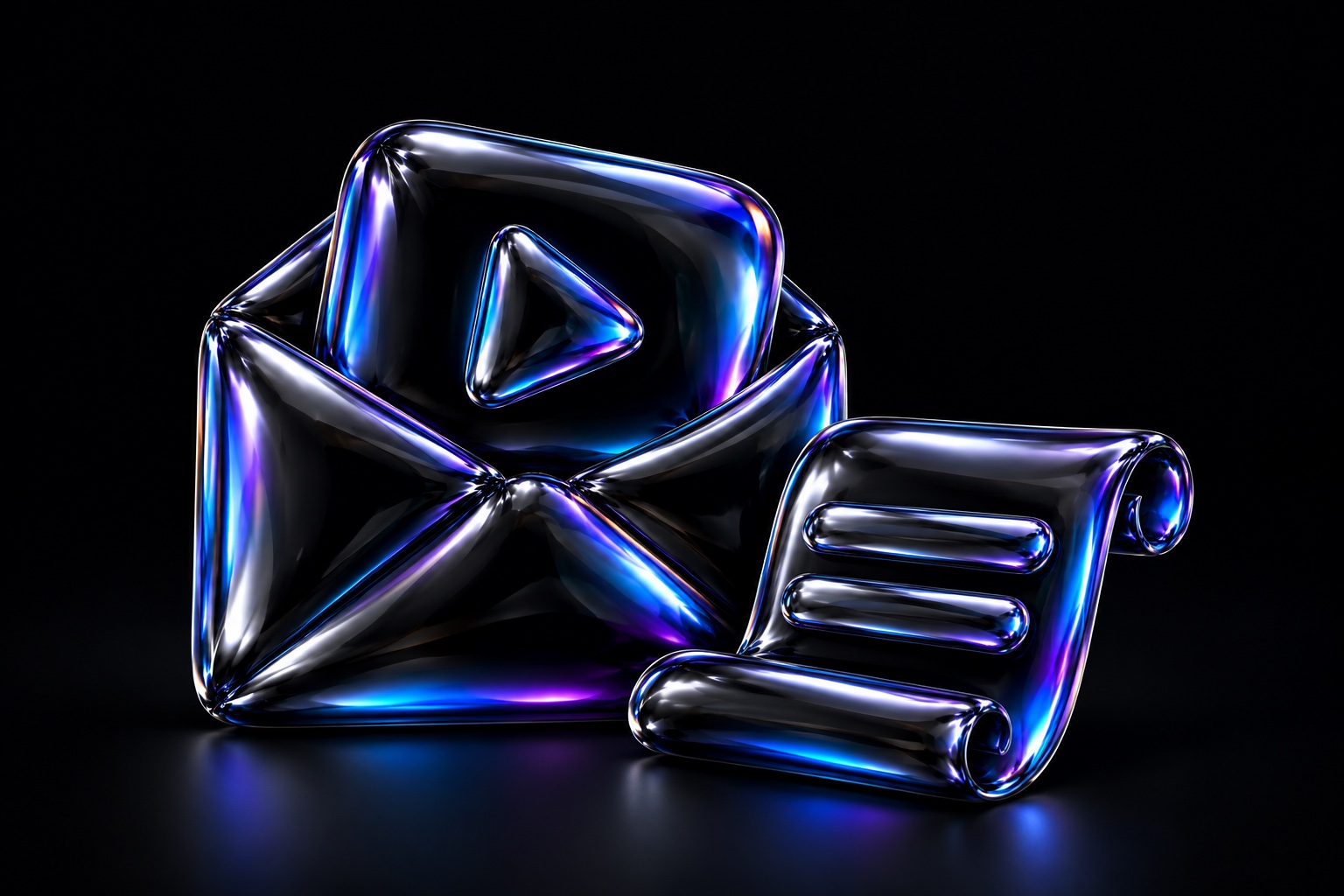 An iridescent black balloon-foil video tile in an unmarked envelope beside a separate curled caption strip.