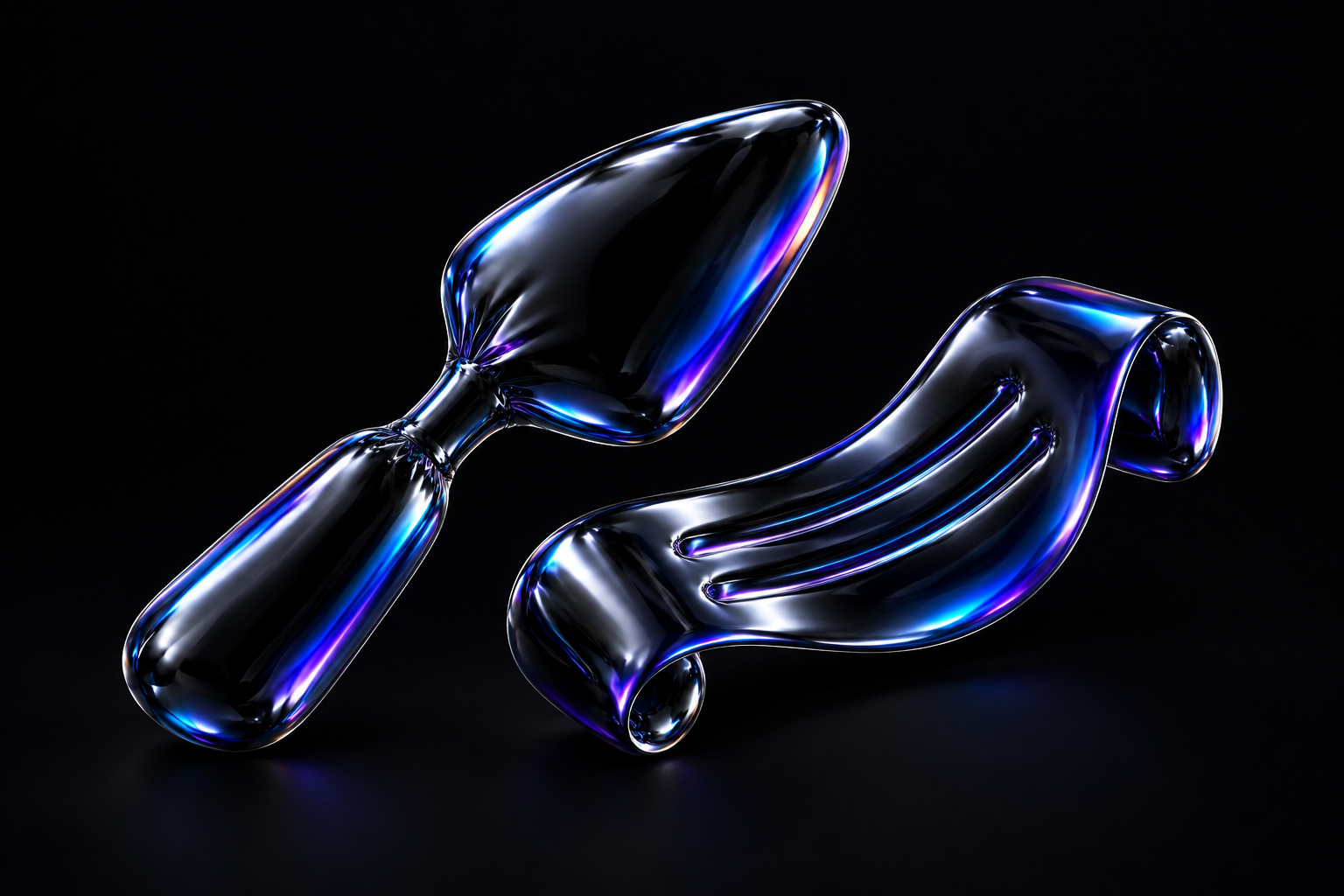 An inflated black foil palette knife beside a curled subtitle strip, with blue and violet reflections.