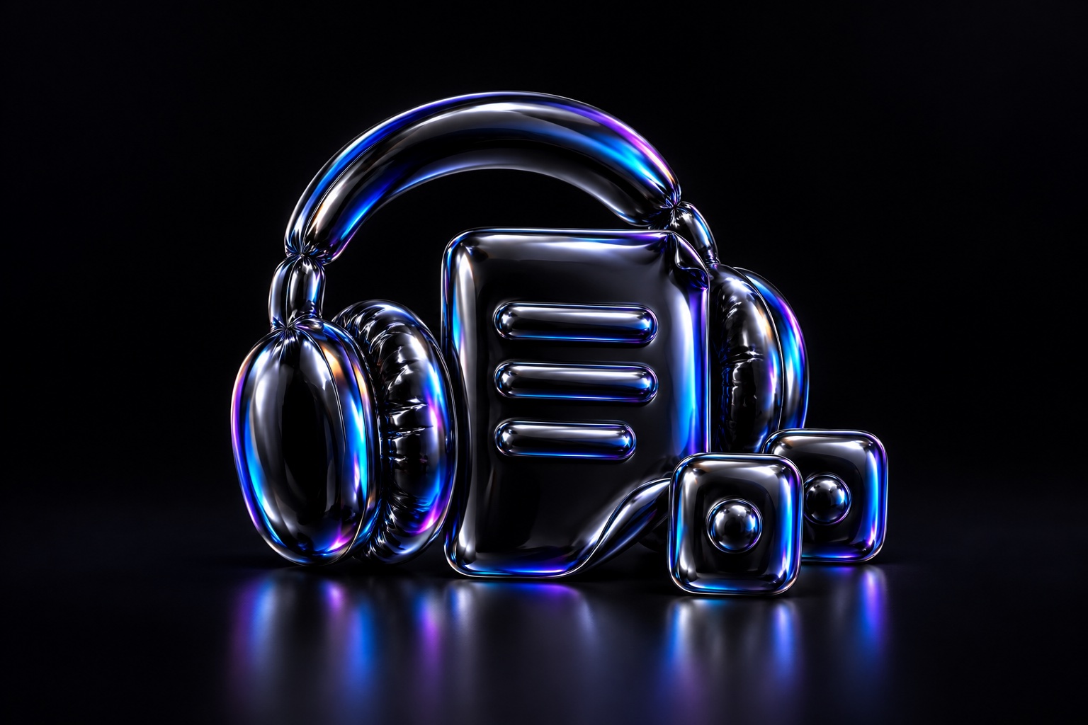Headphones around a transcript sheet with two small stop tiles, sculpted from iridescent black balloon foil.