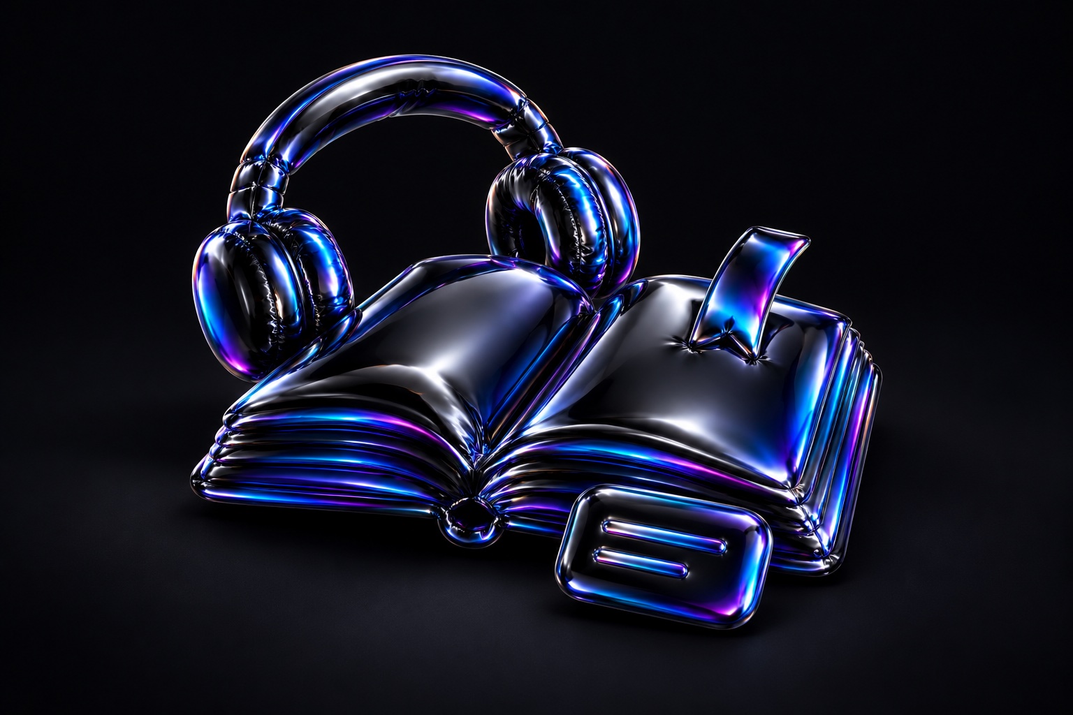 An open book with a raised bookmark, headphones and a transcript tile sculpted in iridescent black balloon foil.