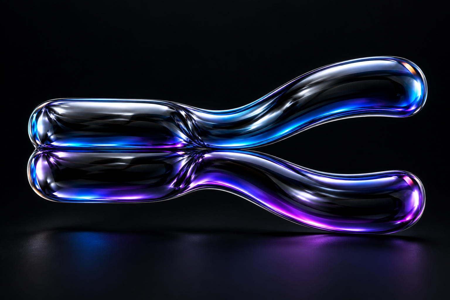 Two glossy black balloon-foil ribbons, reflecting blue and violet, sit together on the left and curve apart into separate paths on the right.