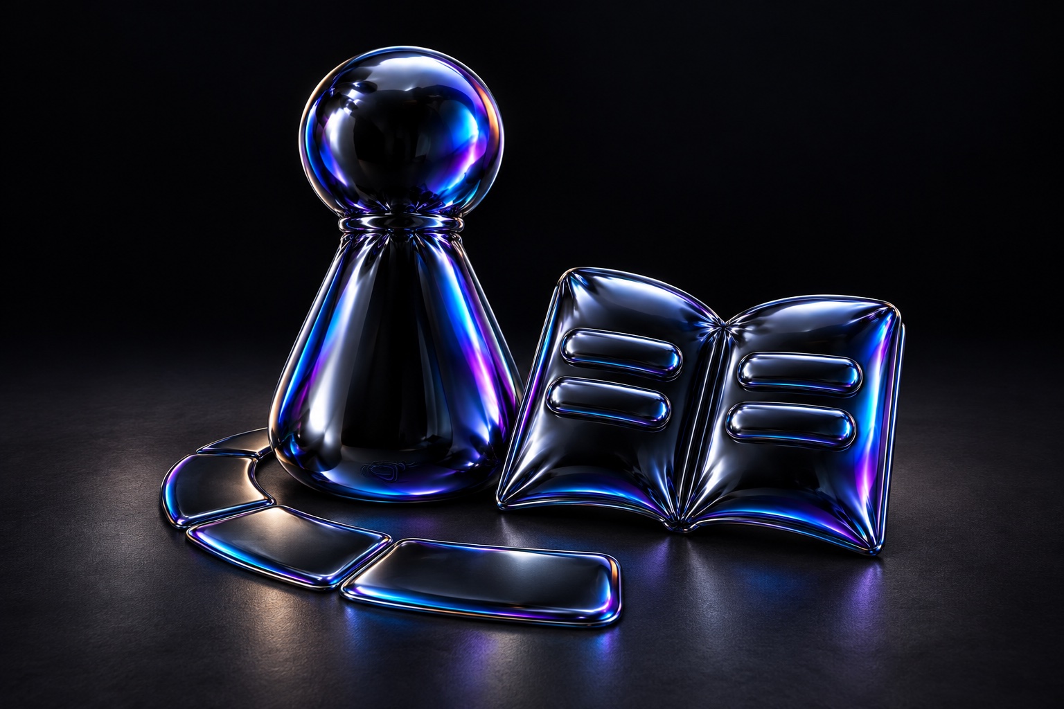 An inflated black foil game pawn beside an open rulebook and curved game path, reflecting blue, cyan and violet light.