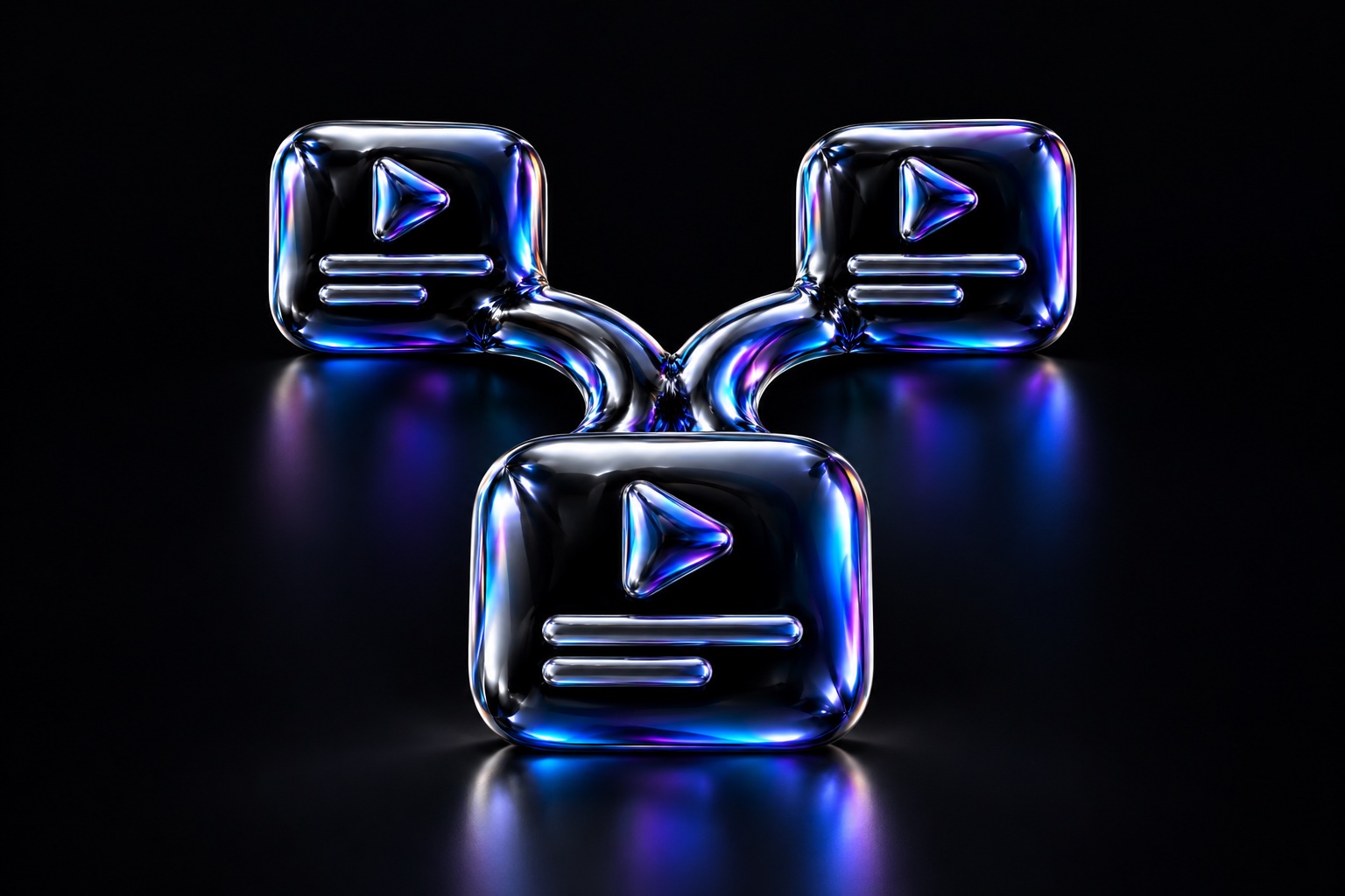 Three captioned video tiles joined by a forked pathway, sculpted from iridescent black balloon foil.