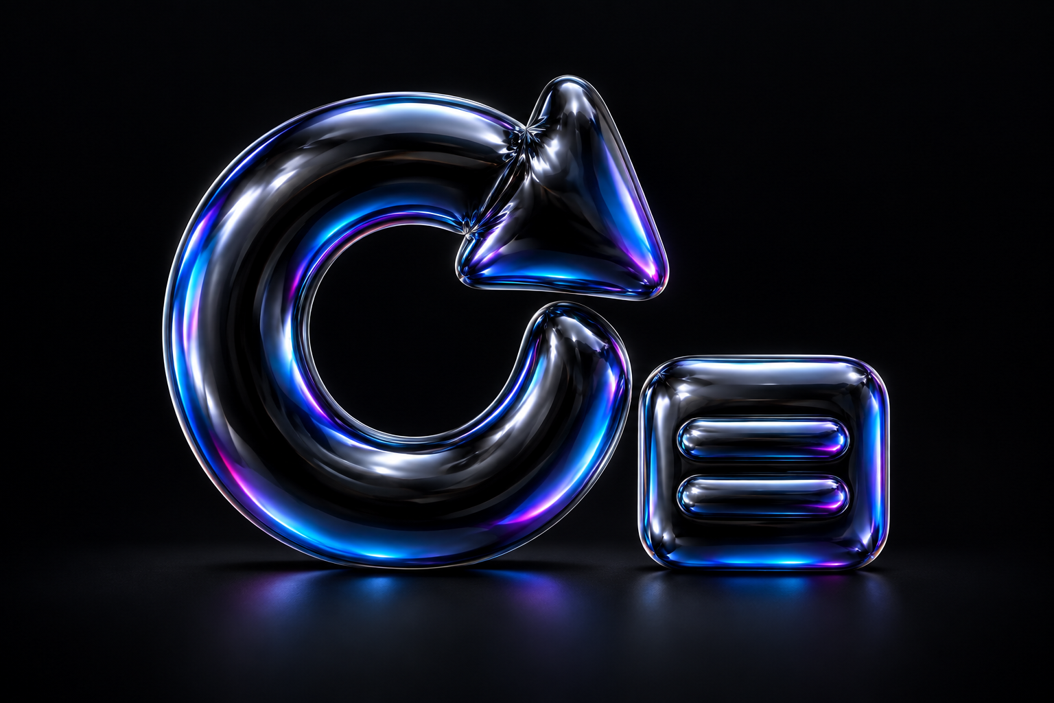 A glossy black balloon-foil replay arrow beside a caption tile with two raised bars, reflecting blue, cyan and violet light.