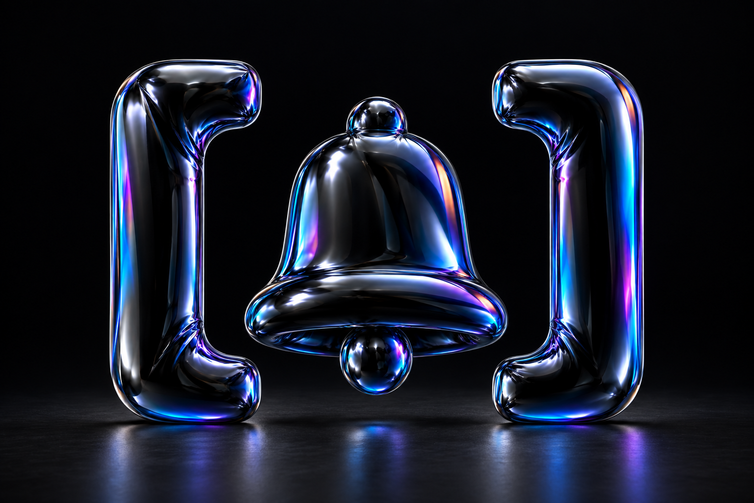 A reflective black balloon-foil bell floats between two caption brackets, with blue and violet highlights.