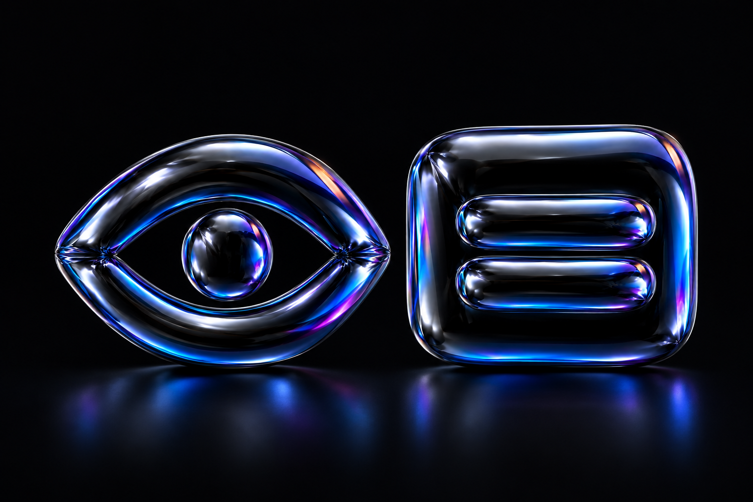 A glossy black balloon-foil eye beside a rounded caption tile with two raised bars, reflecting blue and violet light.