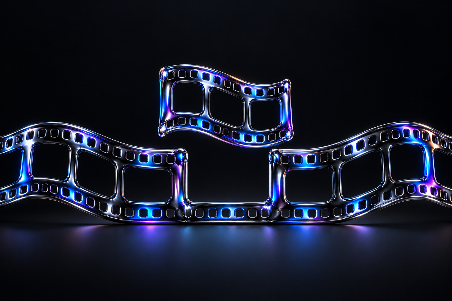 An iridescent black balloon-foil filmstrip with a short central section lifted above a matching gap.