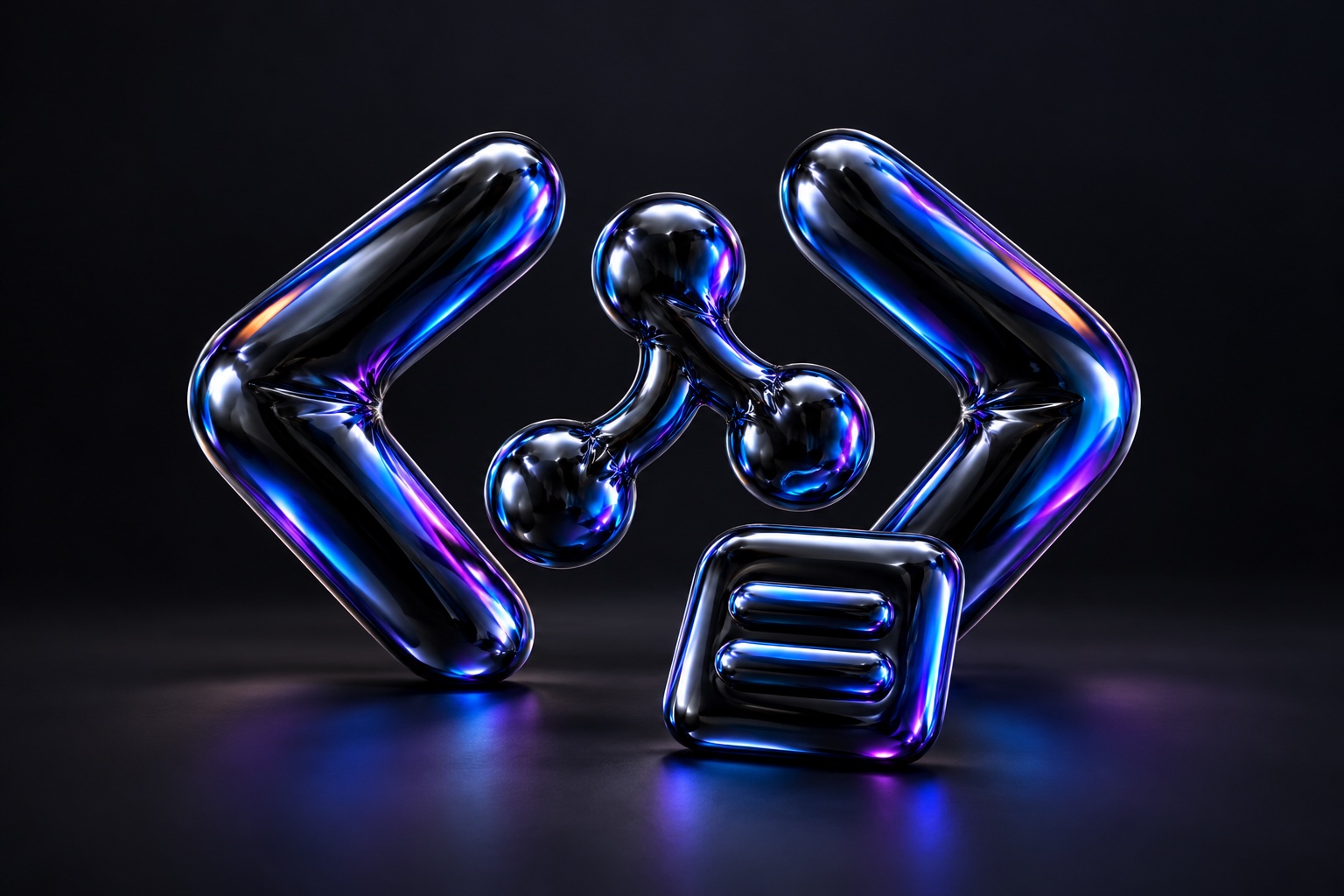 Code brackets surrounding a three-node revision symbol beside a transcript tile, sculpted in black balloon foil with blue and violet reflections.