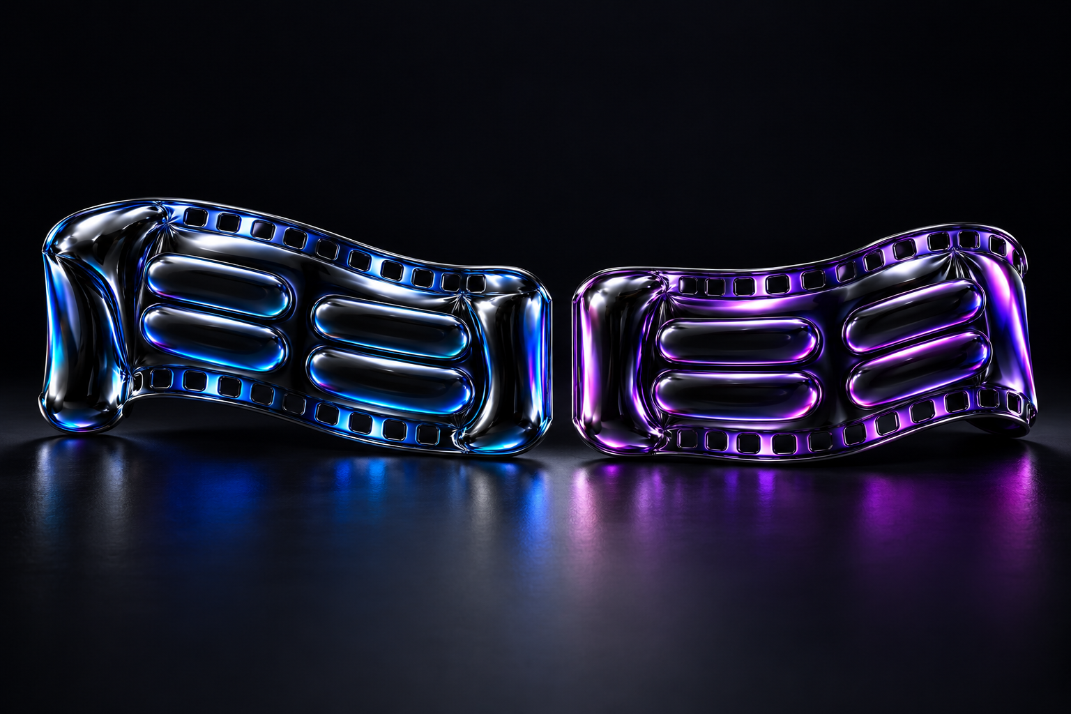 Two inflated black foil filmstrips with raised caption bars, blue and violet reflections, and a narrow gap between their ends.