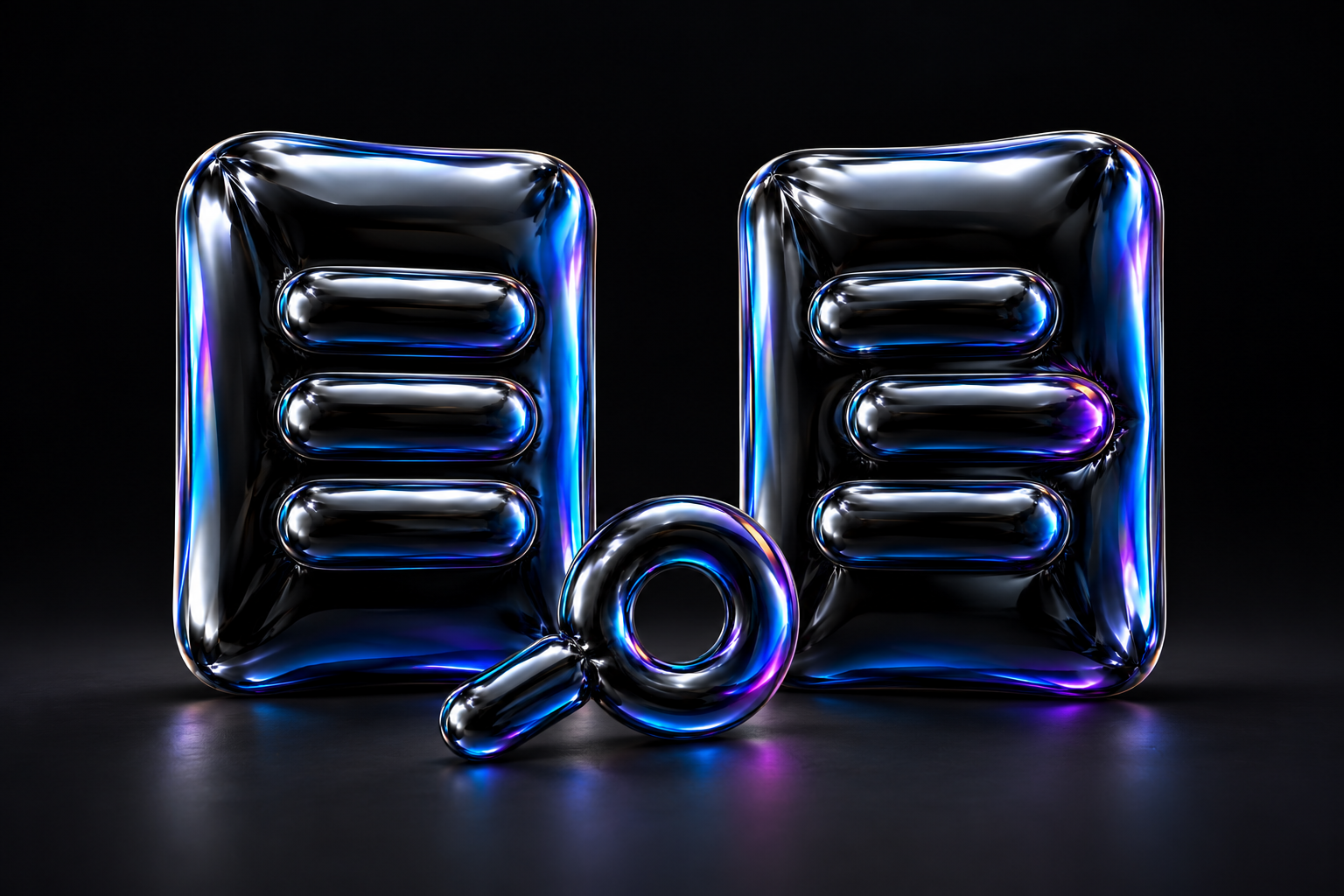 Two glossy black foil document sculptures with caption-like bars and a magnifying ring, lit by blue and violet reflections.