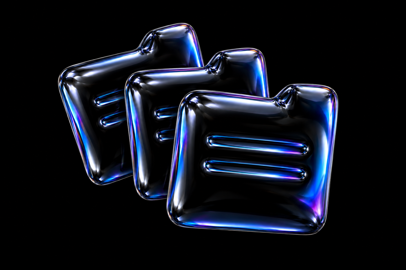Three overlapping glossy black foil archive folders with paired subtitle grooves and blue-violet reflections.