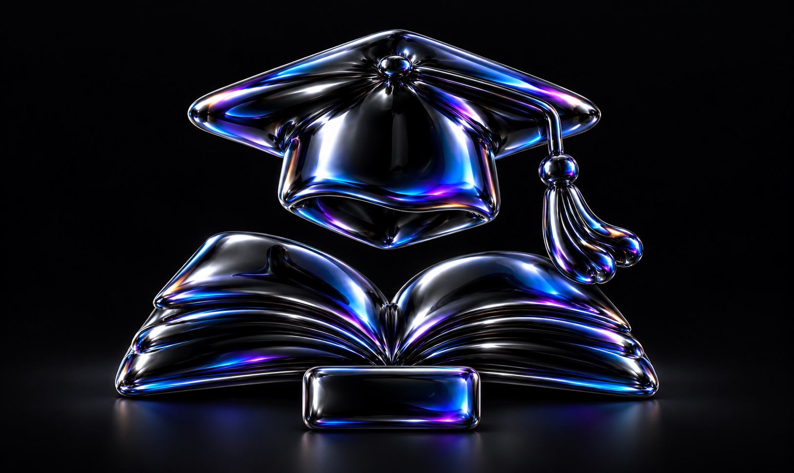 A glossy balloon graduation cap floats above a book and caption tile.