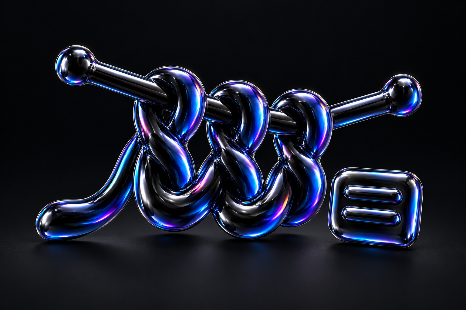 Glossy black balloon-foil craft loops with knitting needles beside a caption tile, reflecting blue, cyan and violet light.