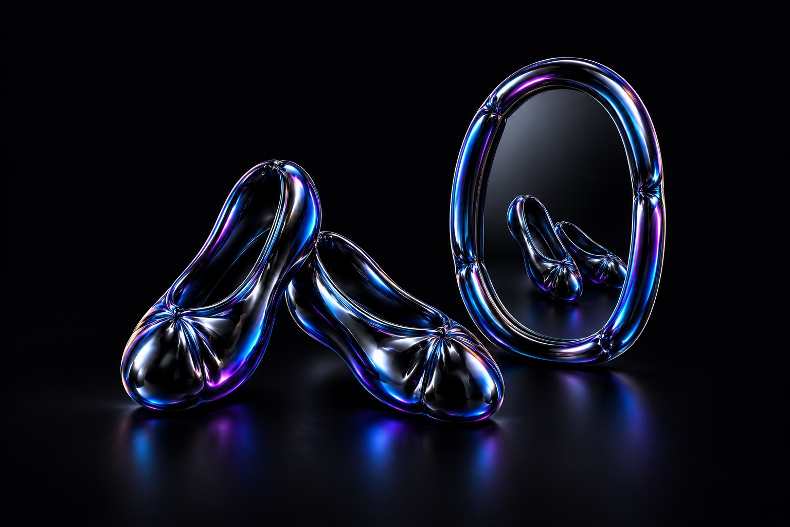 Two iridescent balloon dance shoes beside an oval mirror reflecting the pair.