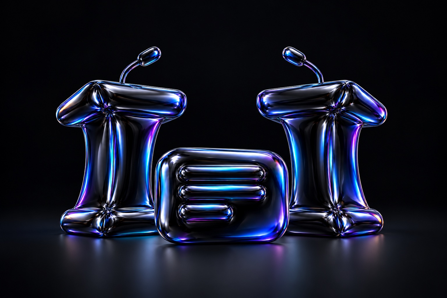 Two opposing debate lecterns and a transcript tile in glossy black balloon foil with blue and violet reflections.