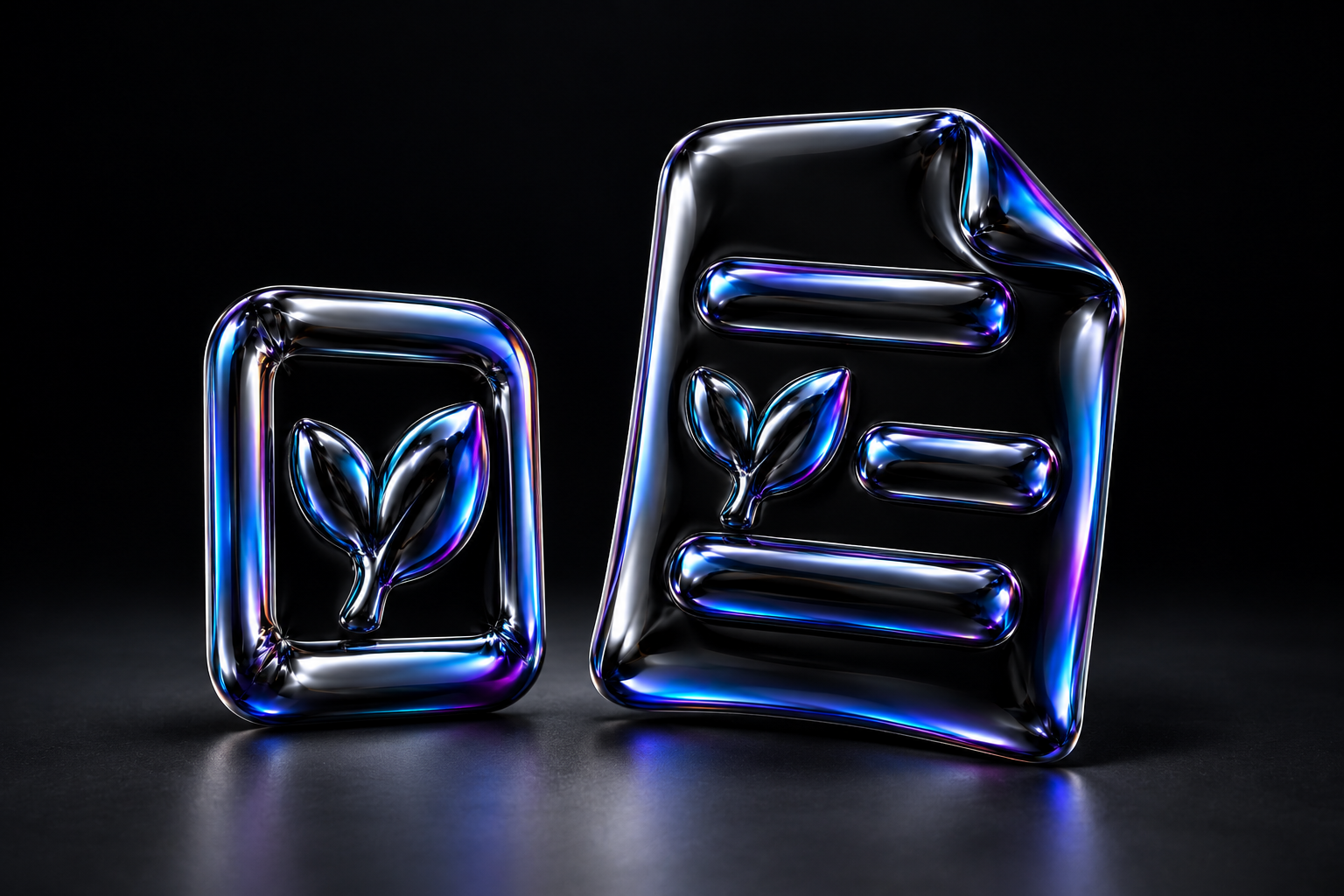 A glossy balloon-foil video frame and reading page share a raised leaf motif, with blue and violet reflections.