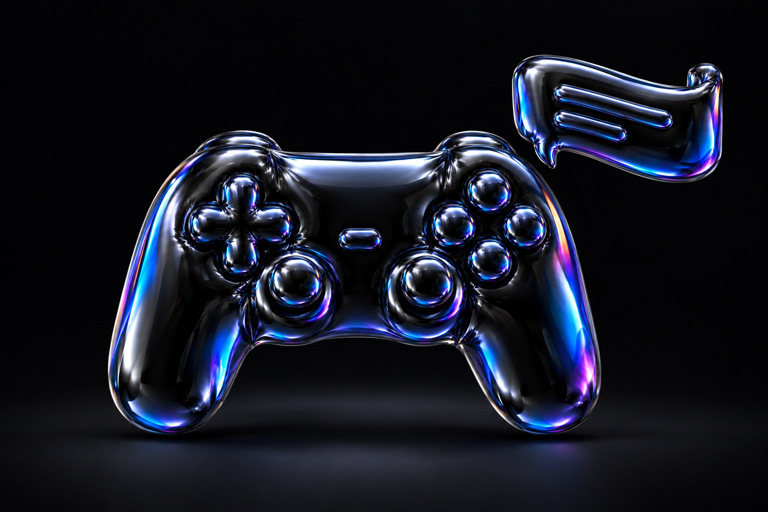 An inflated black foil game controller beside a curled caption strip, reflecting blue, cyan and violet light.
