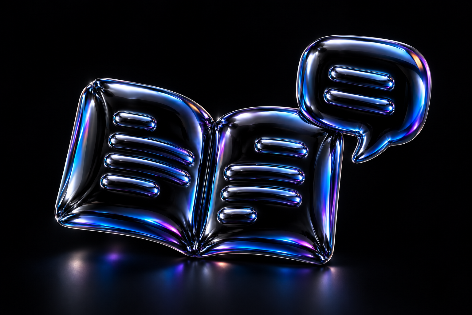An open script booklet and a speech bubble with two caption bars, sculpted in black balloon foil with blue and violet reflections.