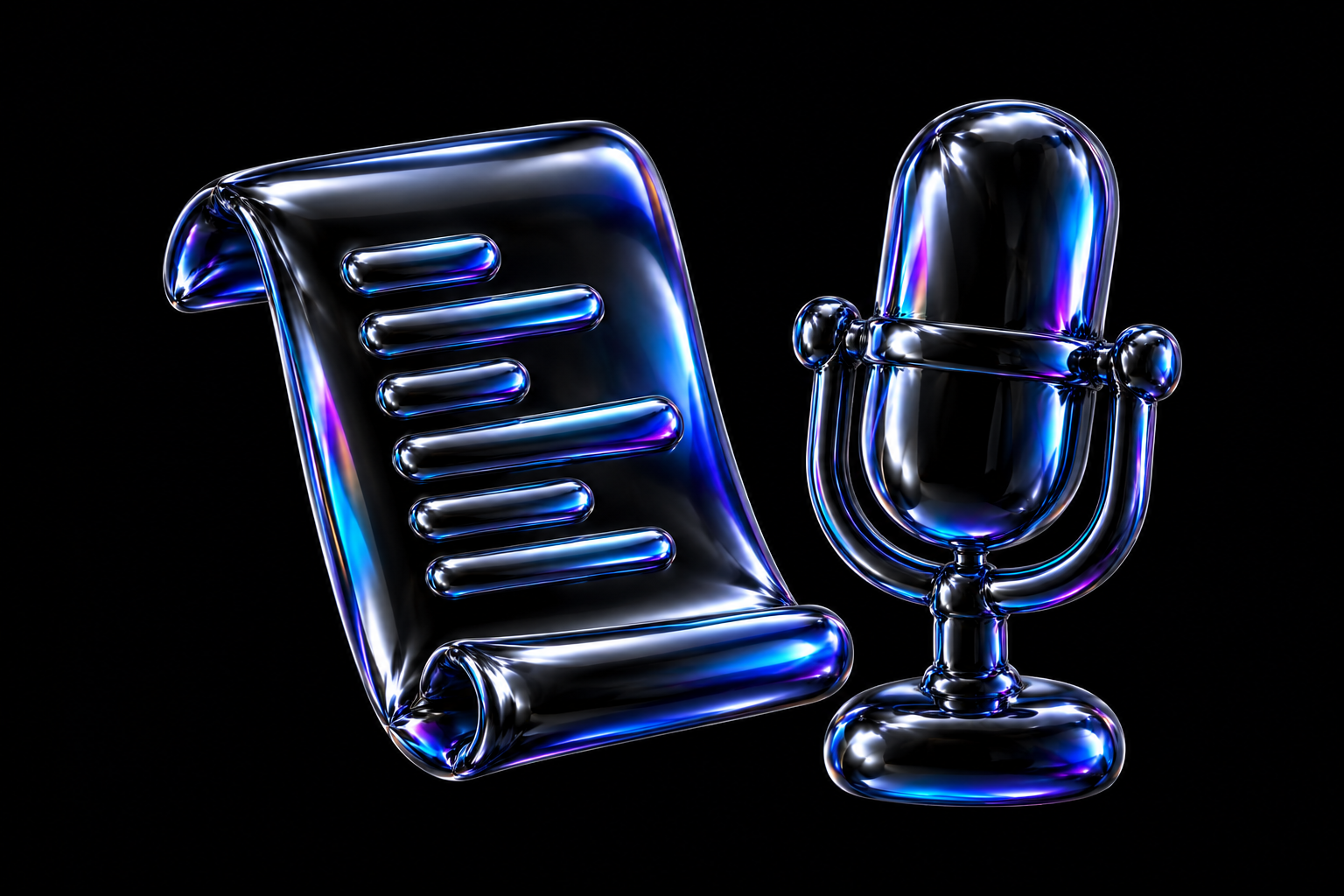 A curled script sheet with raised line-like bars beside a studio microphone, sculpted in glossy black balloon foil with blue and violet reflections.