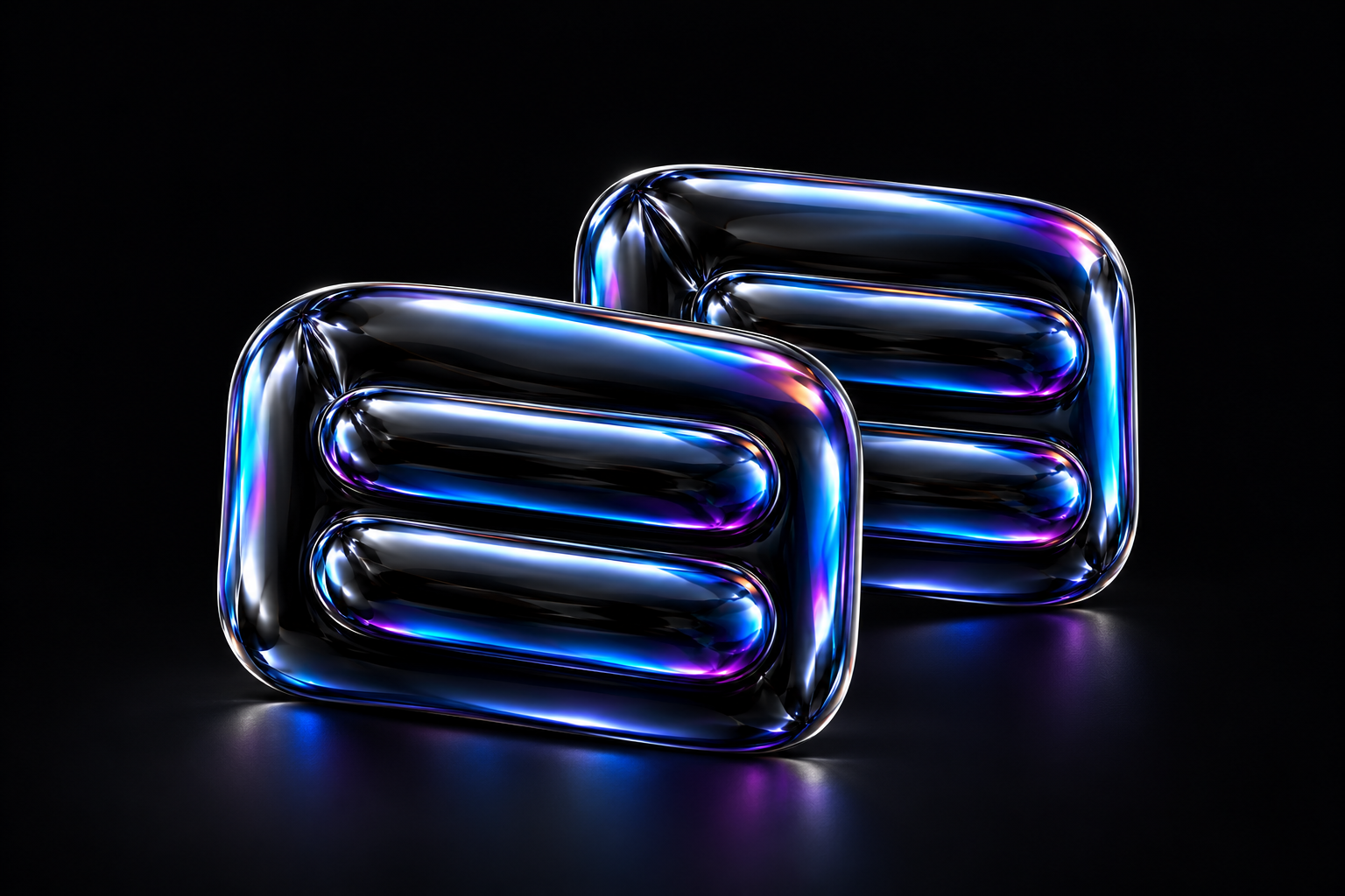 Two offset glossy black balloon-foil caption plaques with raised bars and blue, cyan and violet reflections.