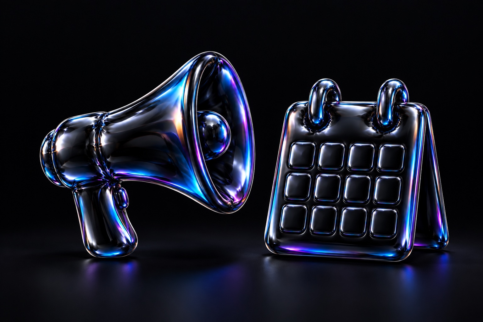 A glossy iridescent balloon-foil megaphone beside a separate blank desk calendar.