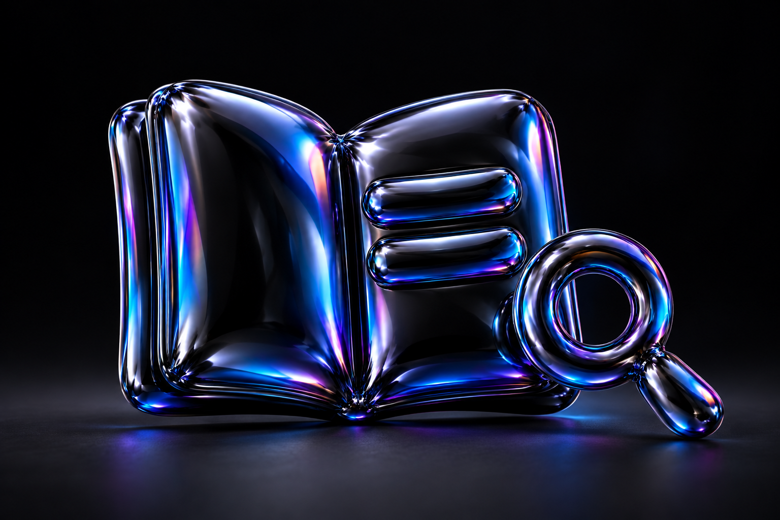 An open field notebook with two raised caption bars and a magnifying lens in glossy black balloon foil with blue and violet reflections.