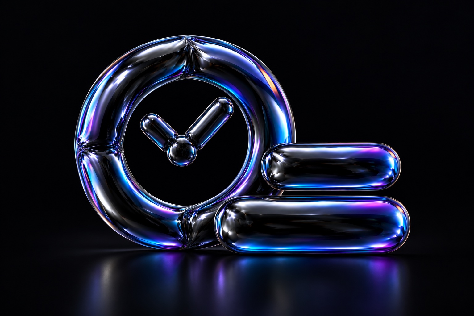 An iridescent clock ring sits beside offset caption bars.