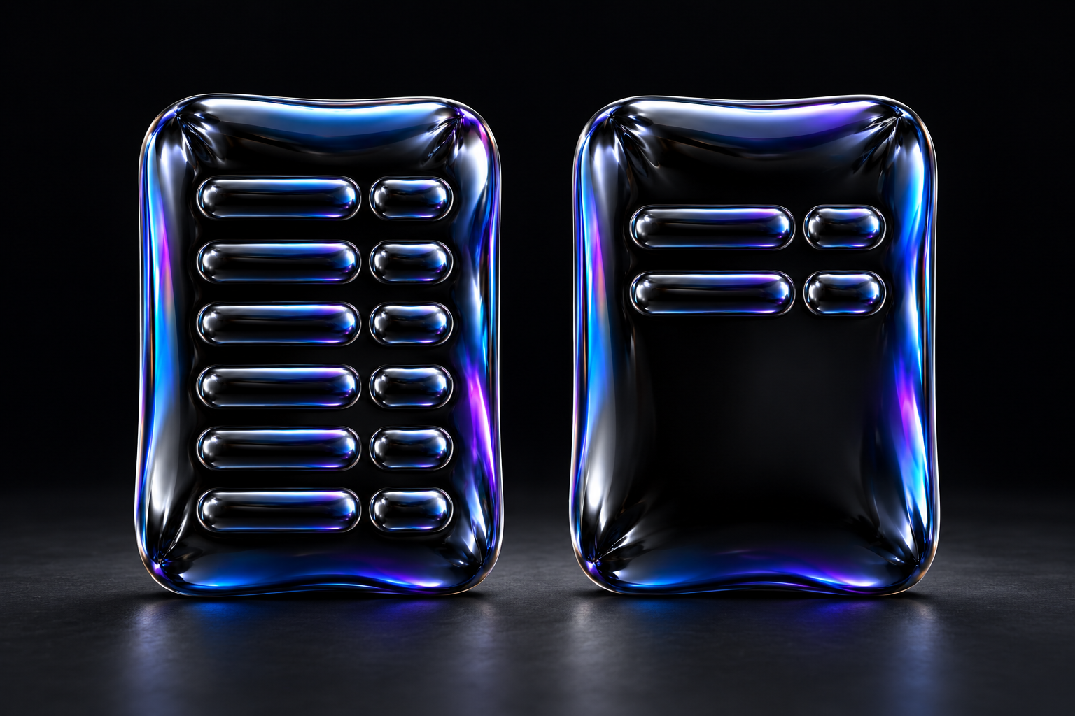 Two glossy black balloon-foil panels: one filled with raised caption bars, the other carrying only two rows, with blue and violet reflections.