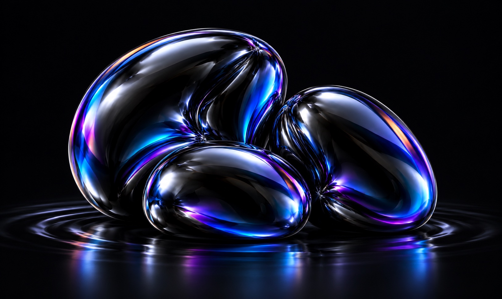 Three iridescent balloon pebbles sit within a calm circular ripple.