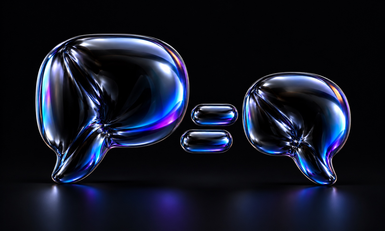 Two iridescent balloon speech bubbles face each other above small caption bars.