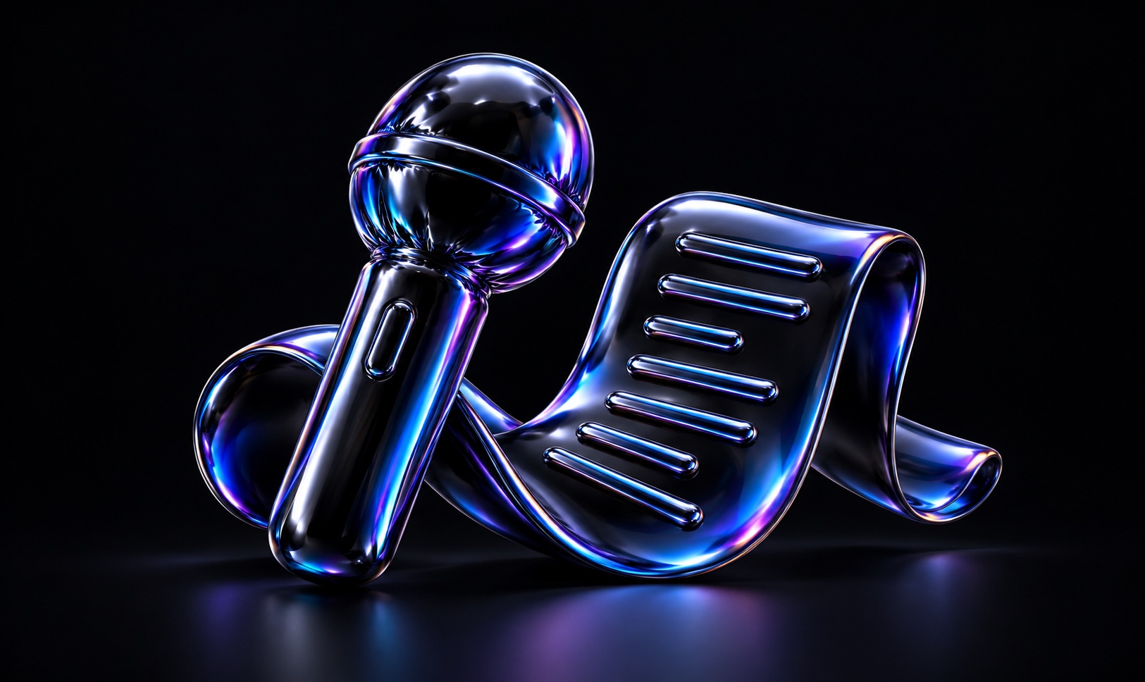 A balloon-foil microphone stands beside an abstract transcript ribbon.