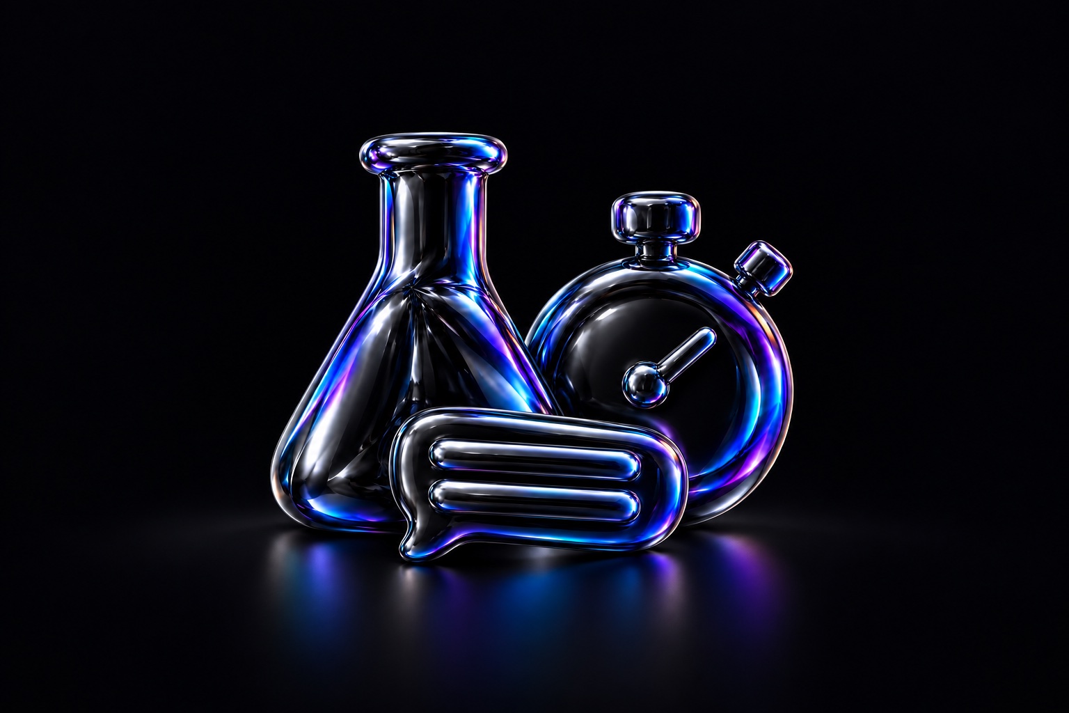 A laboratory flask, stopwatch and two-bar caption plaque sculpted in glossy black balloon foil with iridescent blue and violet reflections.