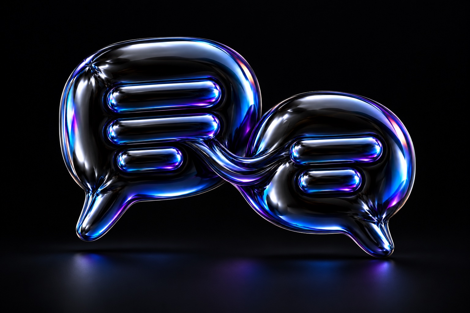 Two balloon speech bubbles connect through a ribbon of caption bars.