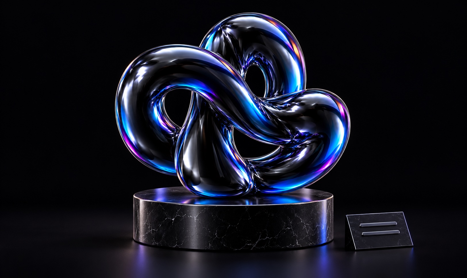 An iridescent sculptural loop sits on a museum pedestal beside a caption plaque.