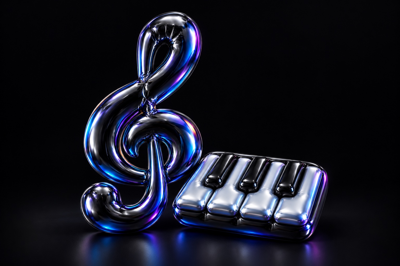 A balloon treble clef and small keyboard represent a music lesson.