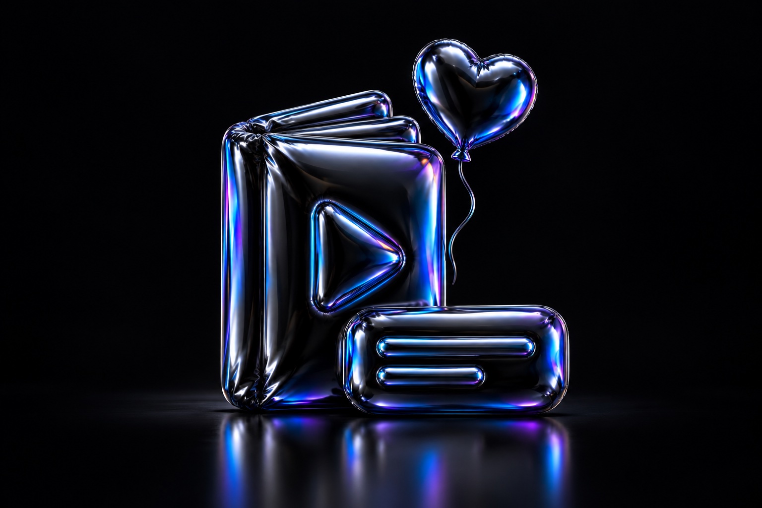 An inflated black foil report booklet with a play symbol, a caption strip and a small heart, reflecting blue, cyan and violet studio light.