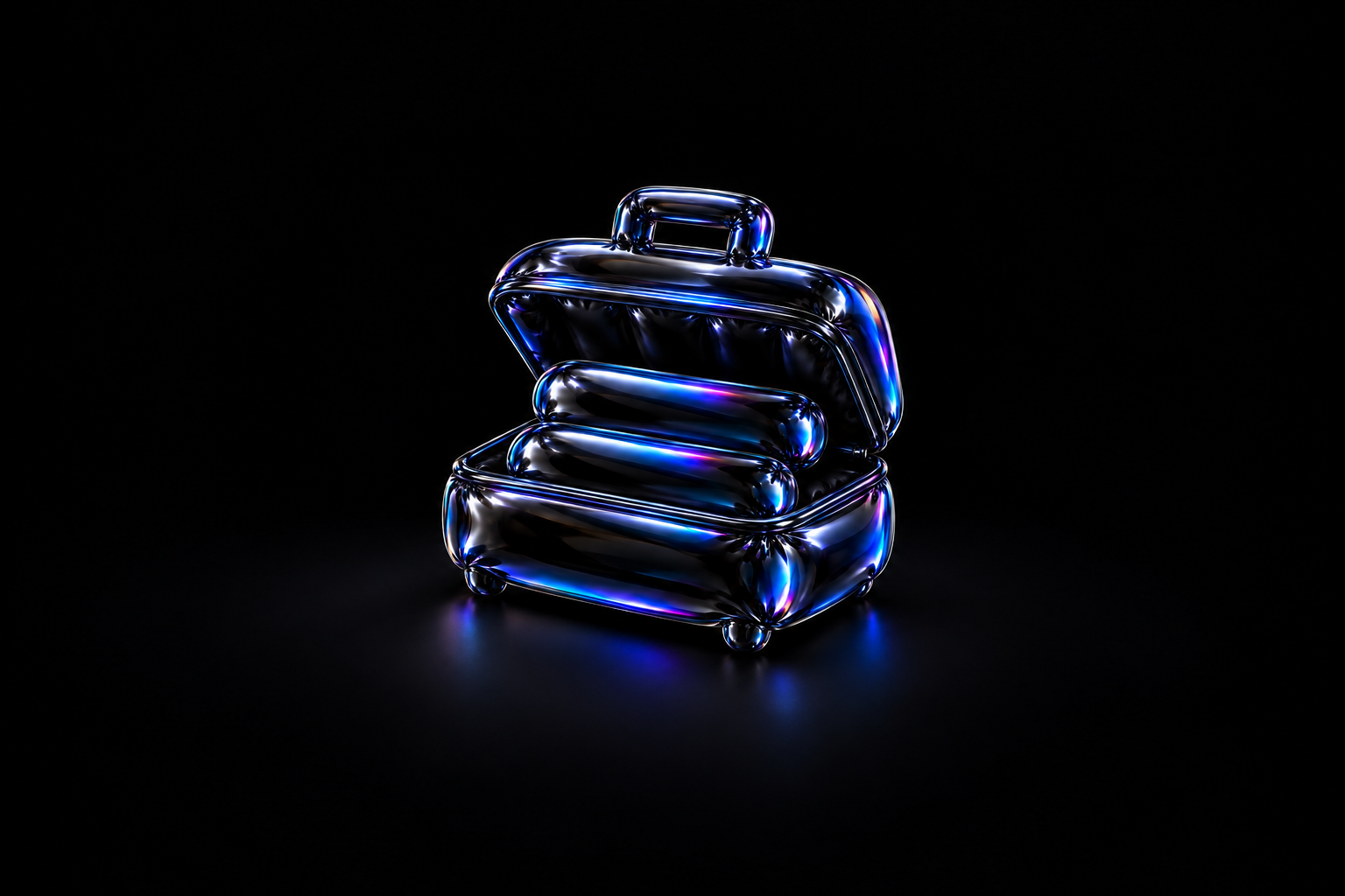 An open travel case holding two rounded subtitle bars, made from glossy black balloon foil with blue and violet reflections.
