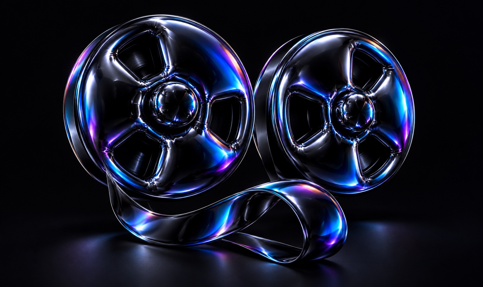 An iridescent tape-reel sculpture trails an archival ribbon.