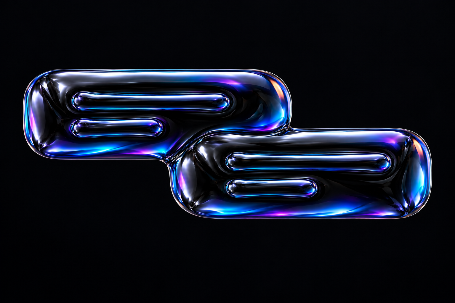 Two staggered caption-shaped black balloon-foil forms with blue, cyan and violet reflections.
