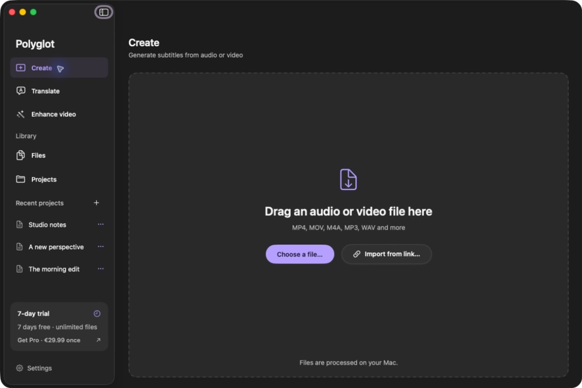 Create screen with a local audio and video import area.