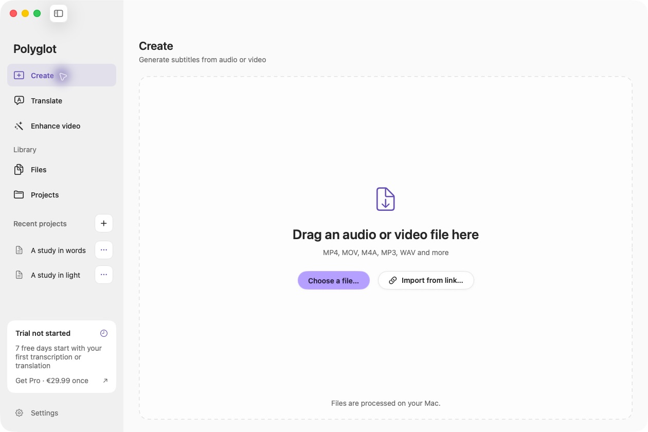 Create screen with a local audio and video import area.