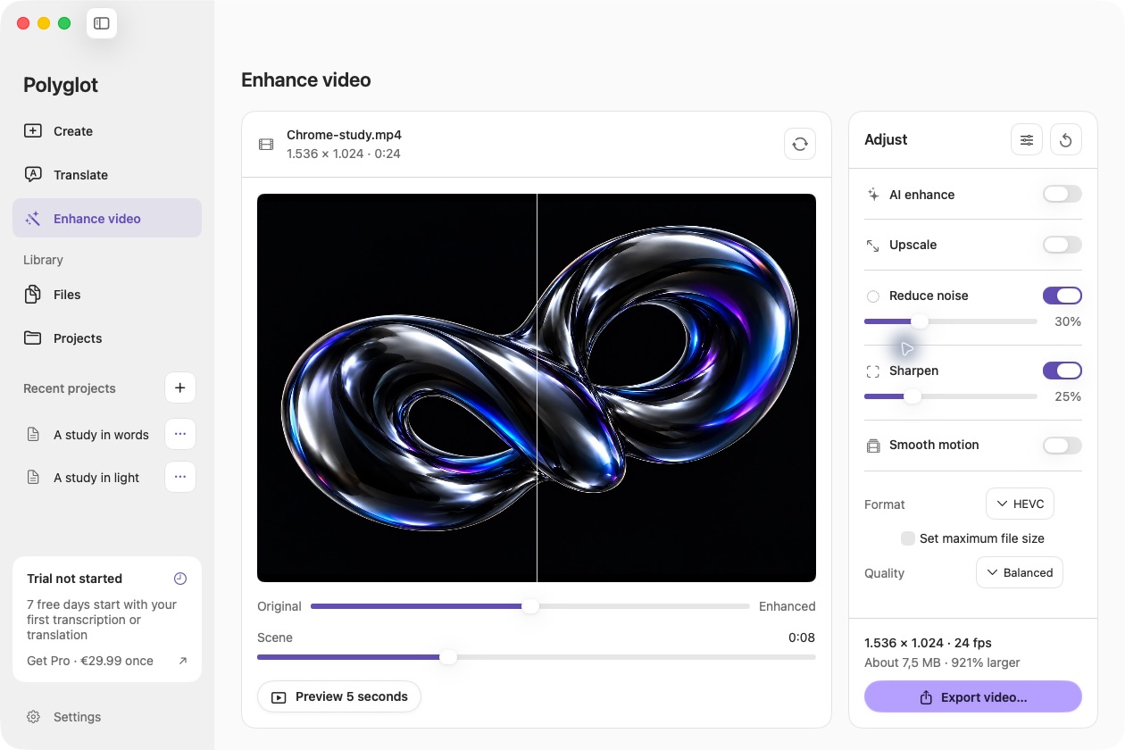 Video enhancement workspace with a prepared sample and export controls.