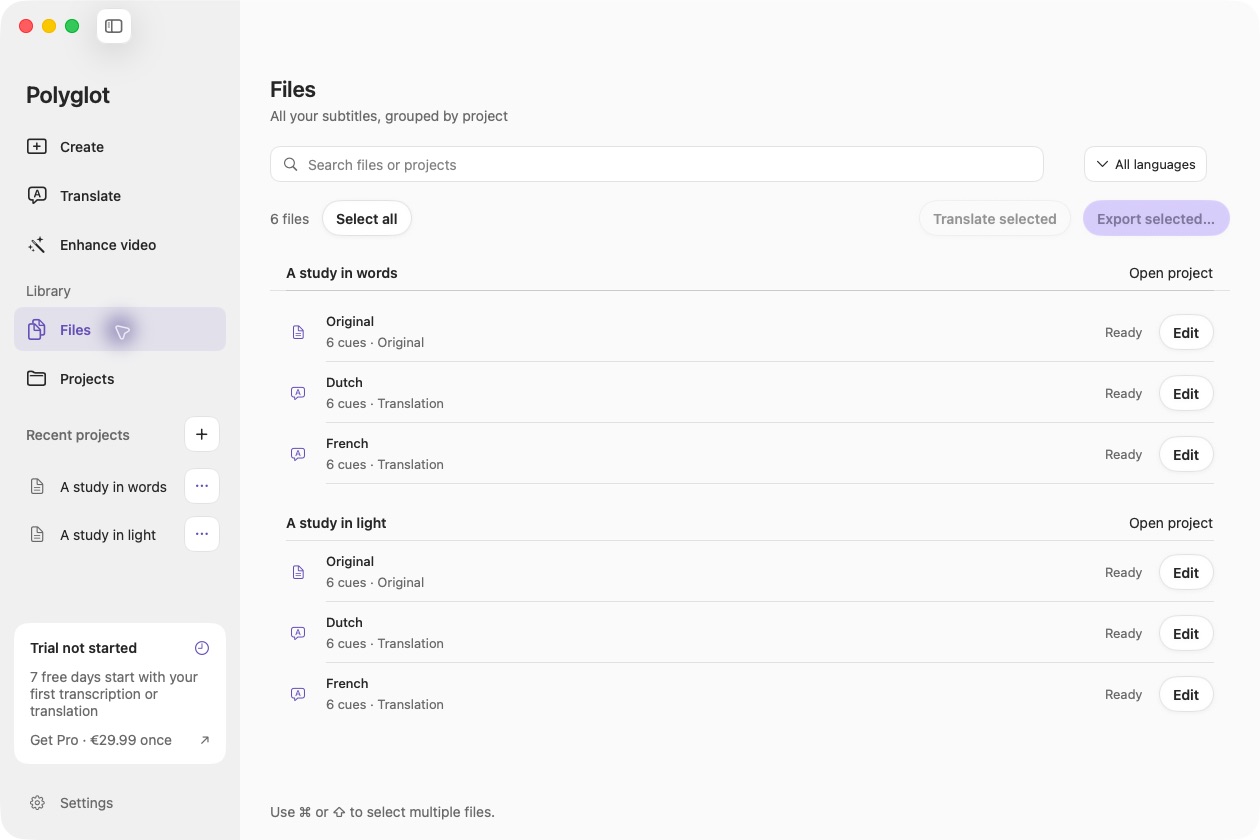 Files library with original and translated tracks grouped by project.