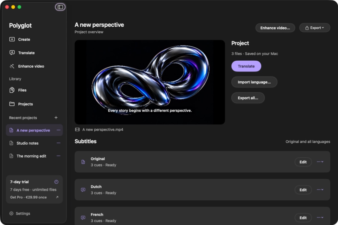 Project overview with its recording and subtitle languages.
