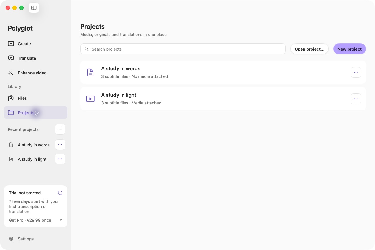 Projects library with media and subtitle-only sample projects.