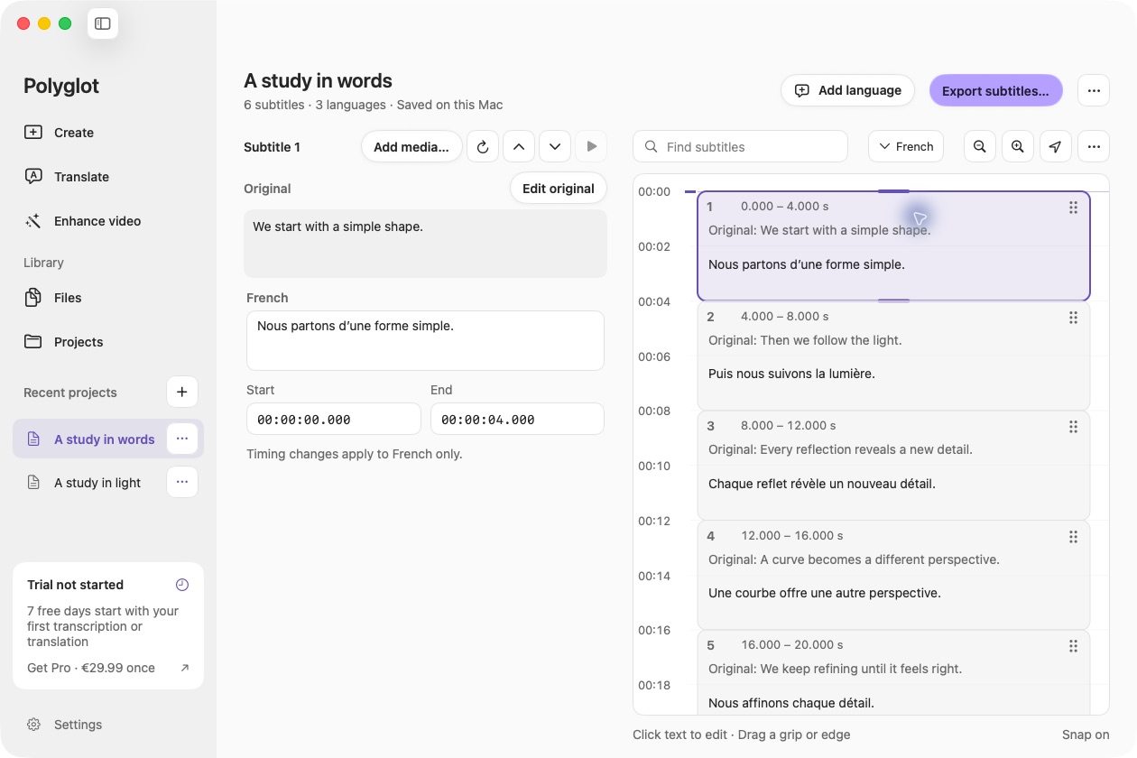 Polyglot SRT translation workspace with a prepared sample.