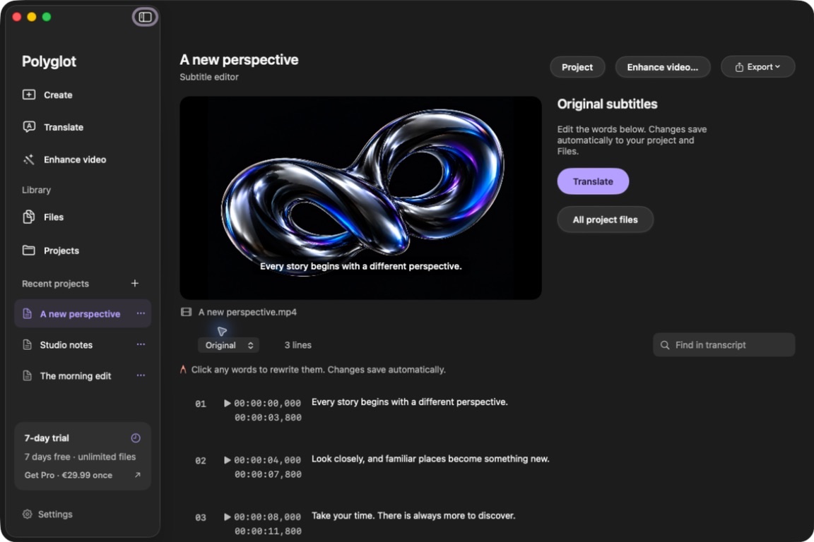 Polyglot 1.10 subtitles screen with a prepared sample project.