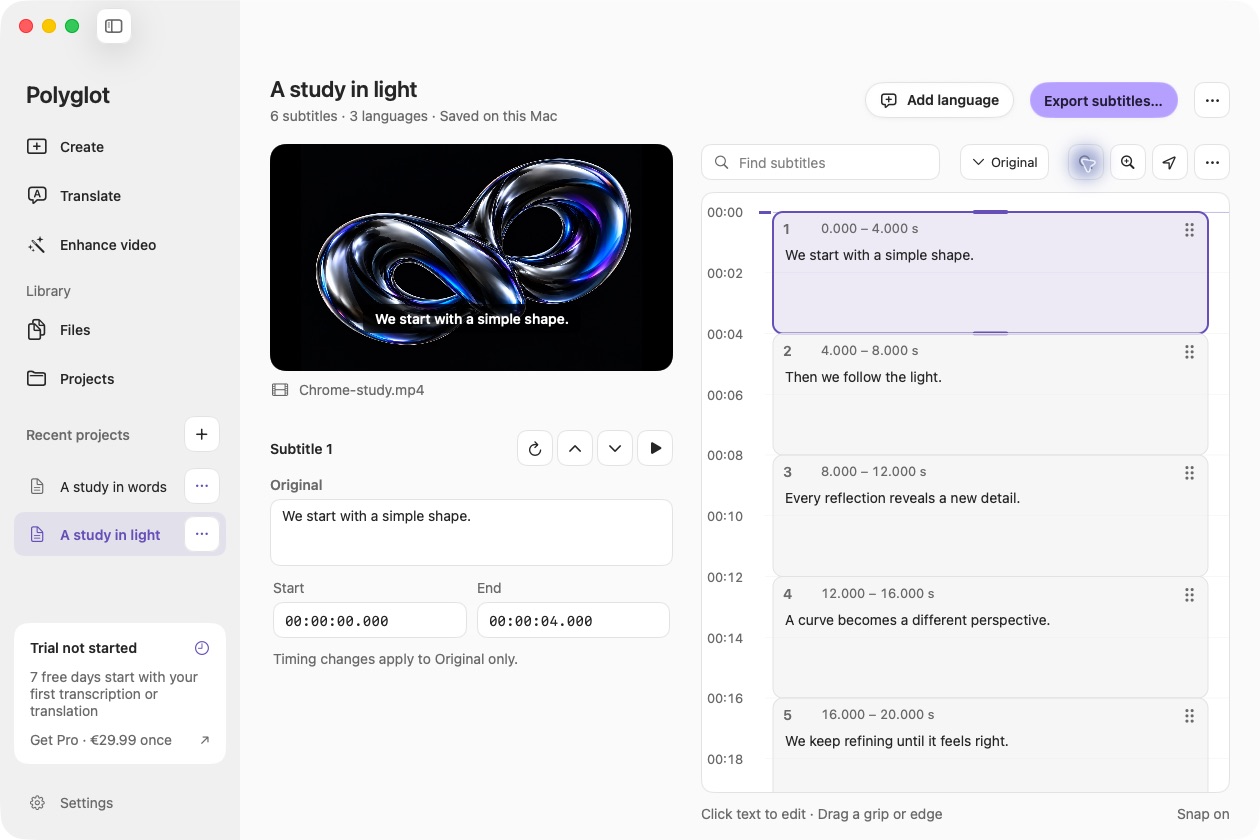 Actual Polyglot subtitle editor with a prepared chrome-study video, timed cues and the original text for review.